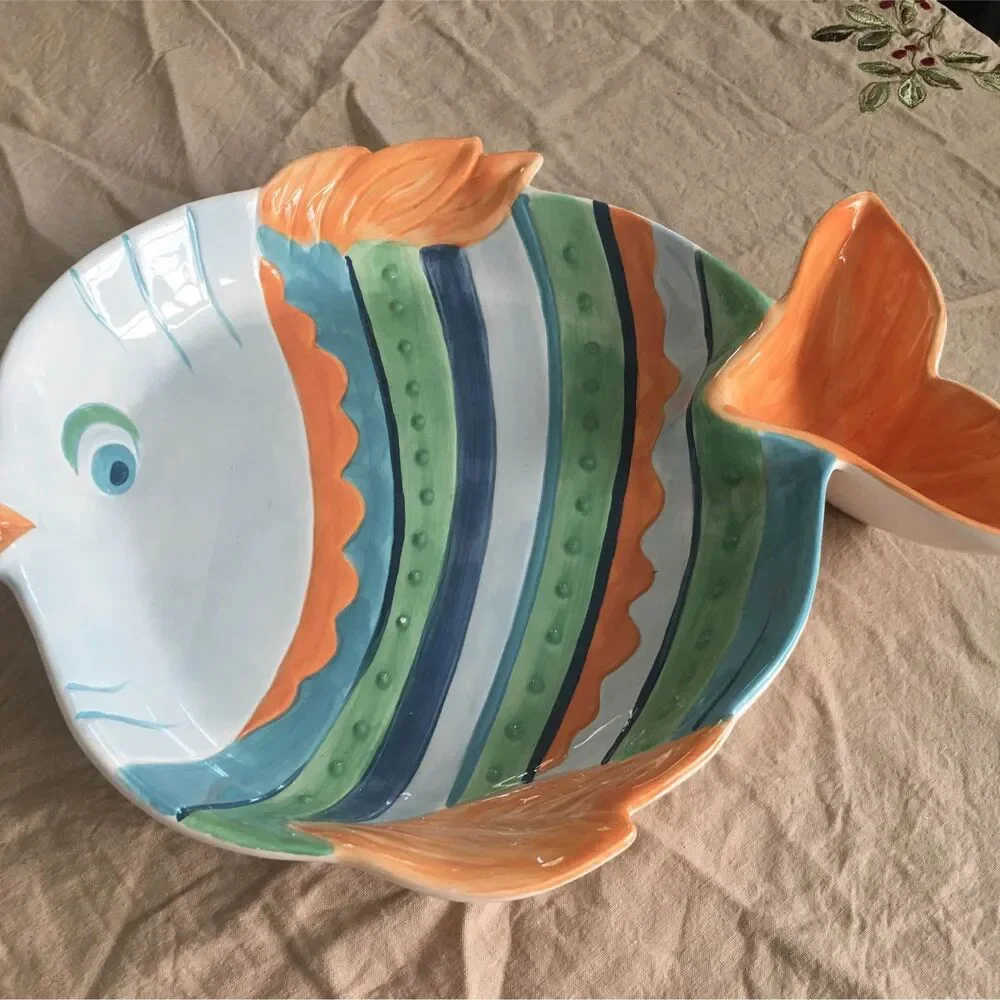 Coastal Hand Painted Ceramic  Fish Shaped  Serving Platter Dish